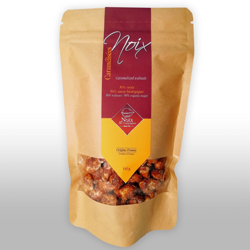 Noix caramélisées. Sachet kraft refermable avec fenêtre transparente