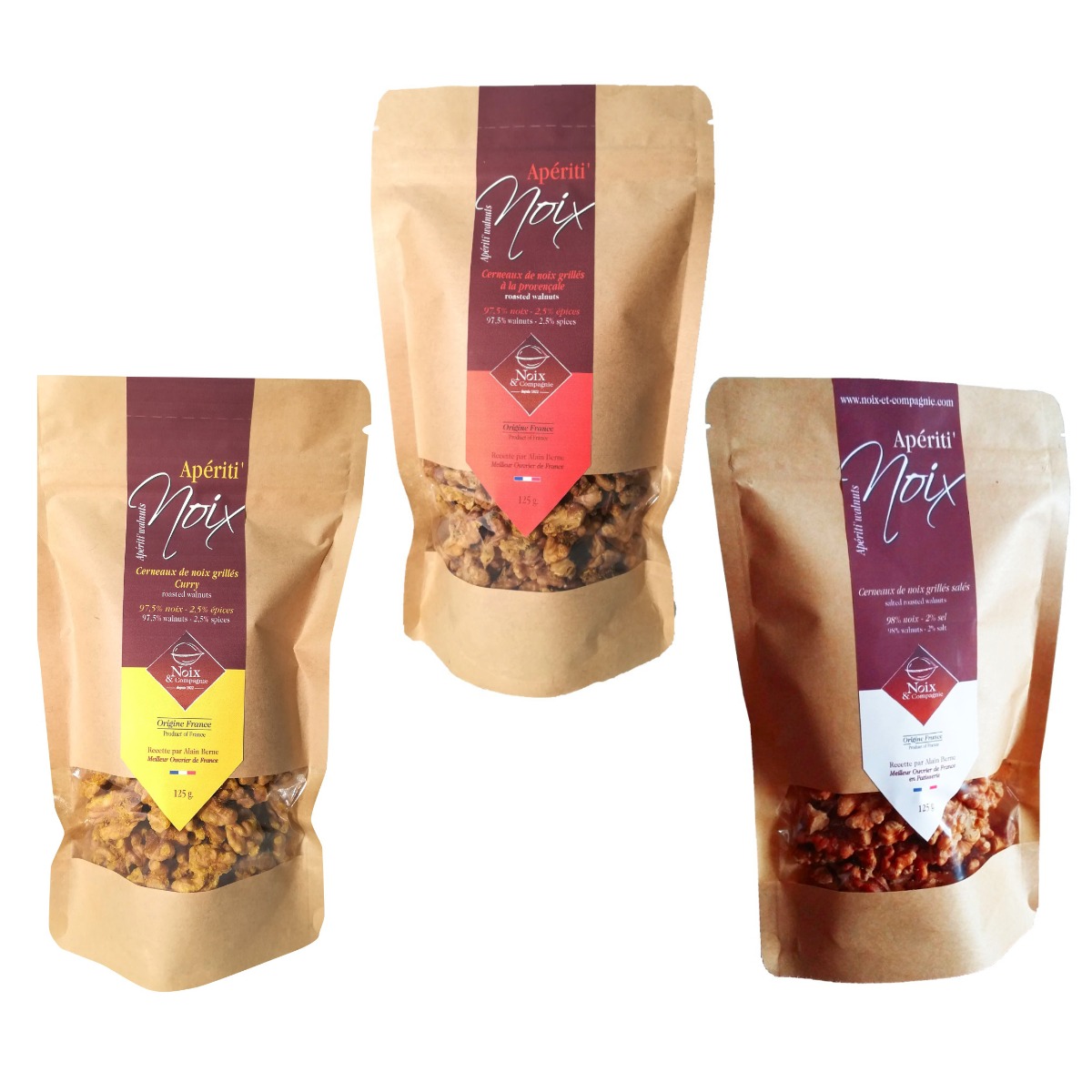 3 sachets de noix apéritif Curry - Provençal - Salé
