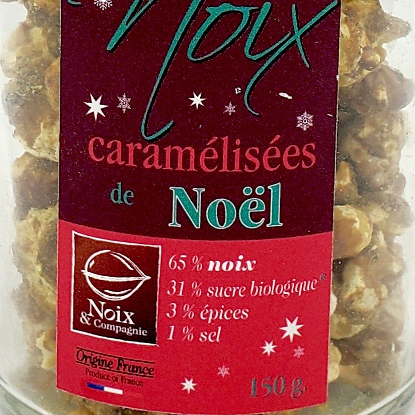 65 % noix de la drôme - 31 % sucre biologique - 3 % épices - 1 % sel